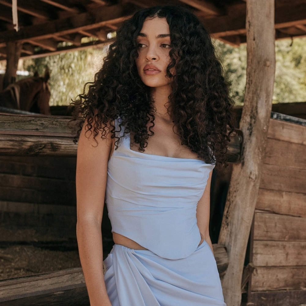 House of CB | Una Floral Cowl Neck Lace-Up Corset Top in Soft Blue Size Large